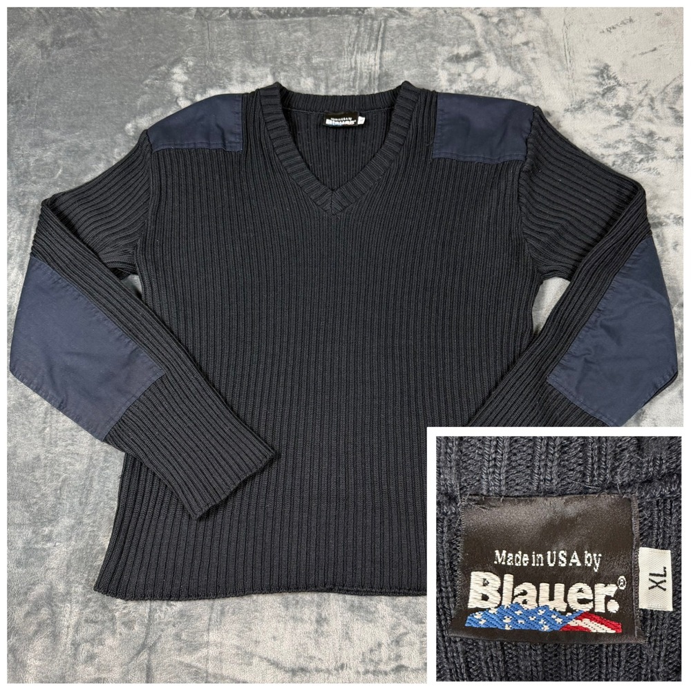 Blauer‎ Mens XL Navy Blue Ribbed V-Neck Commando Tactical Sweater Wool Blend USA